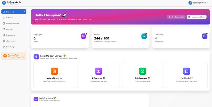 Material hochladen - Dashboard Ansicht